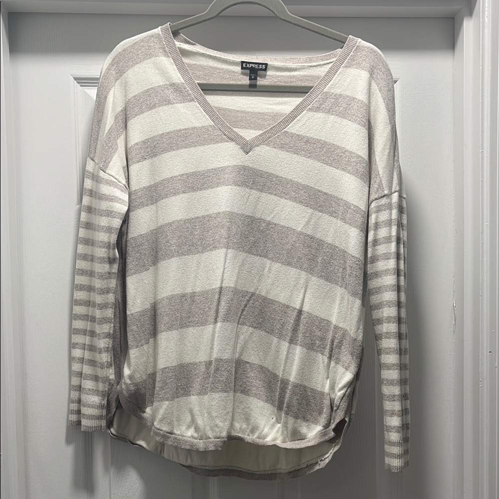 Express Women's Striped Gray and White Top